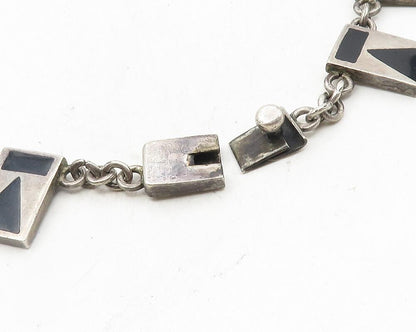 MEXICO 925 Sterling Silver Vintage Inlaid Black Stone Chain Necklace  NE1967
