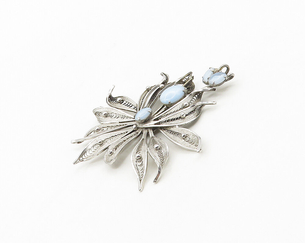 ENZELL 925 Silver  Vintage Blue Cat's Eye Stone Filigree Brooch Pin  BP7139