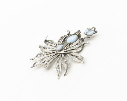 ENZELL 925 Silver  Vintage Blue Cat's Eye Stone Filigree Brooch Pin  BP7139