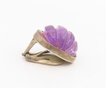 925 Sterling Silver Vintage Earrings Carved Amethyst Button Clip On  EG14131