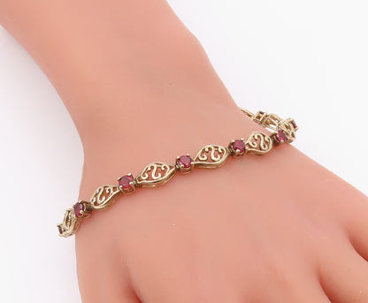 925 Sterling Silver Vintage Round Garnet & Openwork Swirl Link Bracelet BT9557