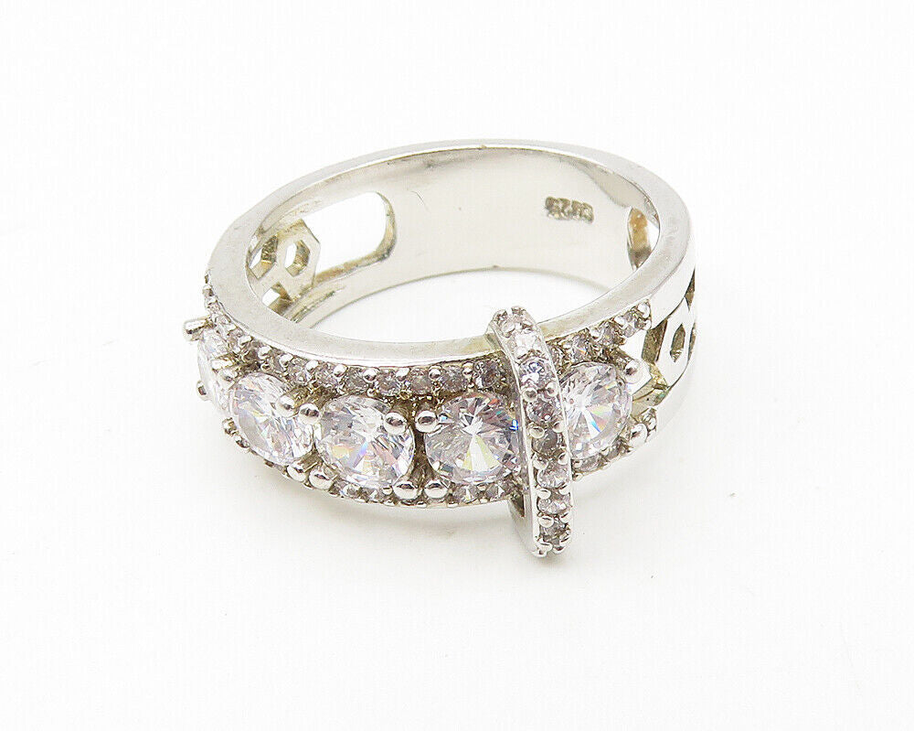 925 Sterling Silver  Sparkling Cubic Zirconia Buckle Band Ring Sz 7  RG11323