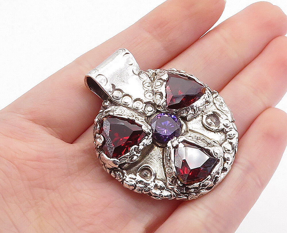 925 Sterling Silver  Vintage Amethyst & Red Topaz Sculpted Pendant  PT5026
