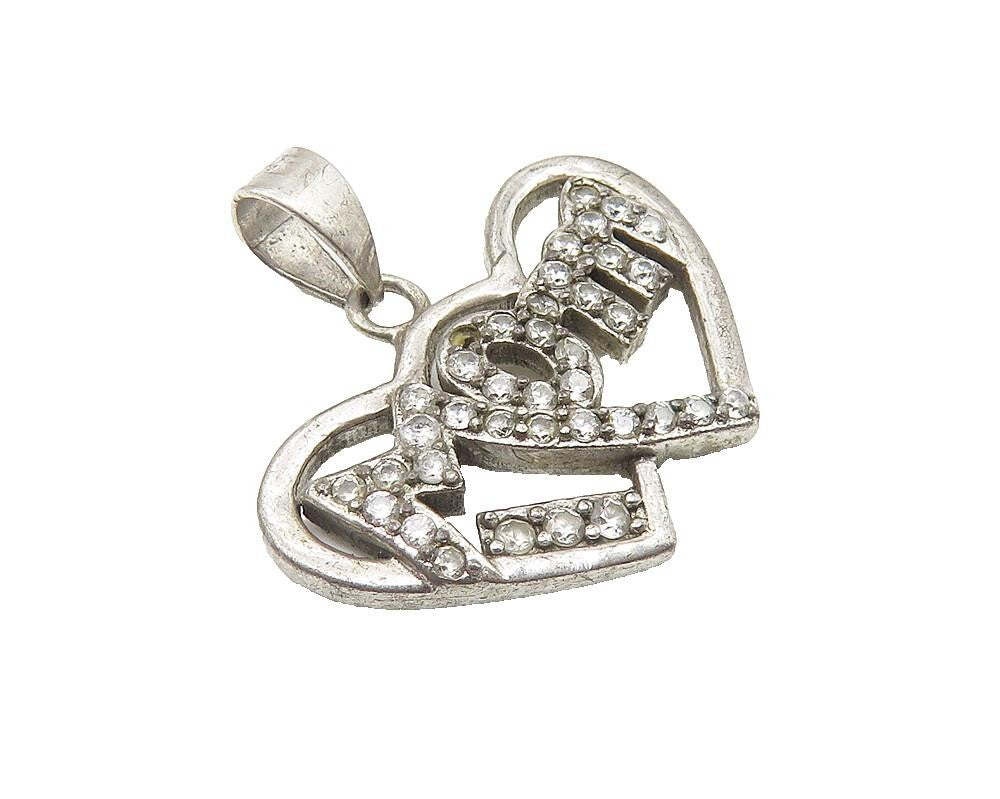 925 Sterling Silver  Vintage Topaz Mom Double Love Heart Drop Pendant  PT8314