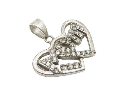 925 Sterling Silver  Vintage Topaz Mom Double Love Heart Drop Pendant  PT8314