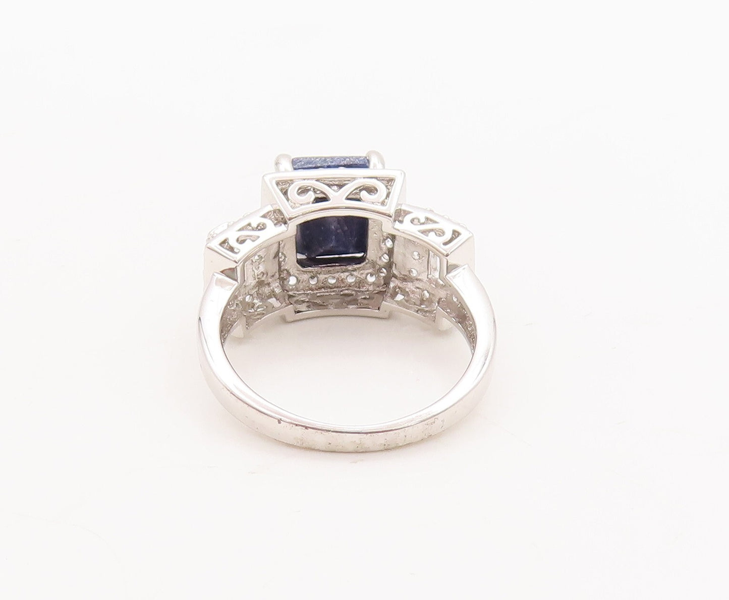 925 Sterling Silver Vintage Ring Rectangle Cut Blue Gemstone & CZ  Sz 7  RG29701