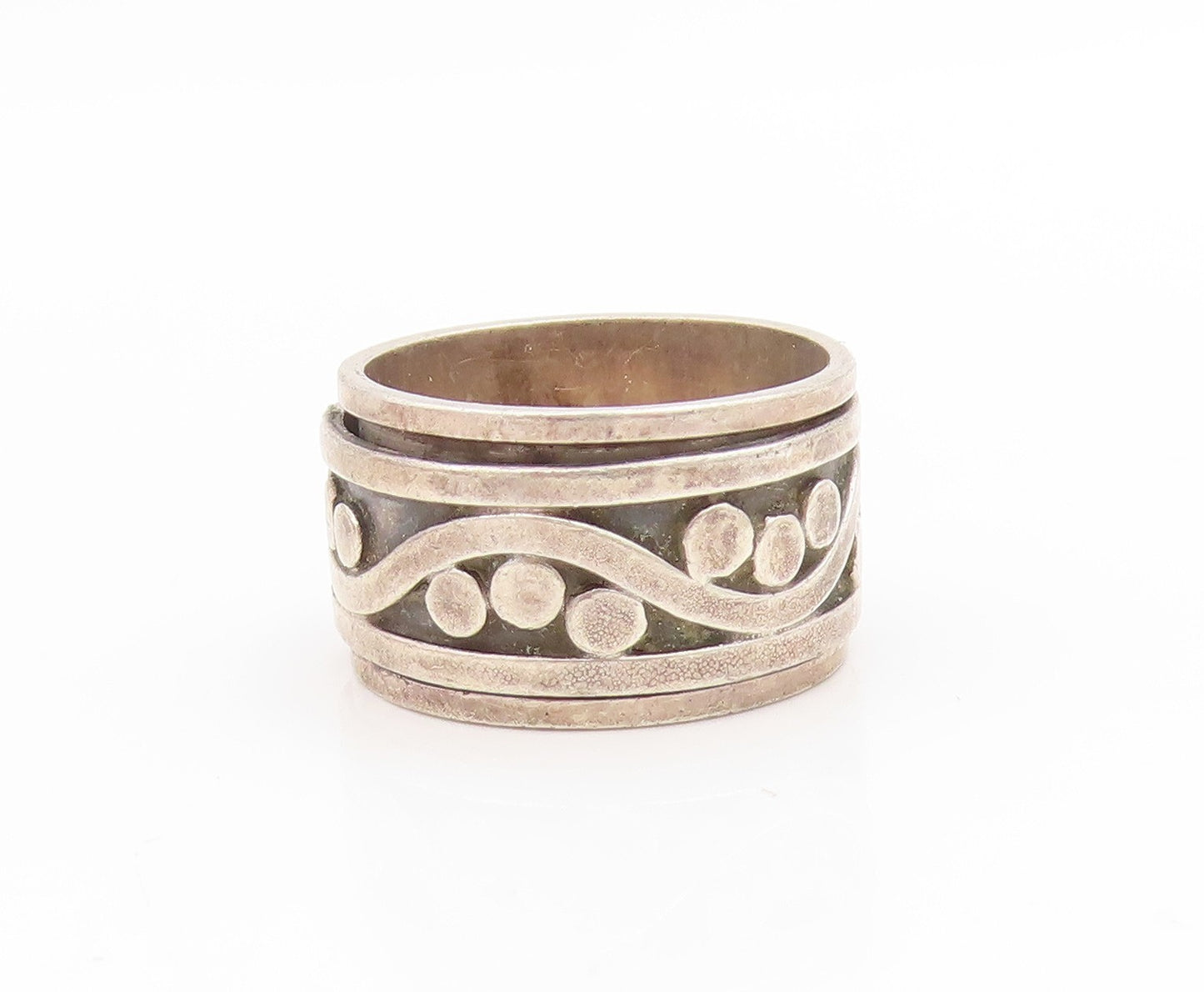 925 Sterling Silver Vintage Ring Wavy Design With Dots Wide Band Sz 5.5 RG34698