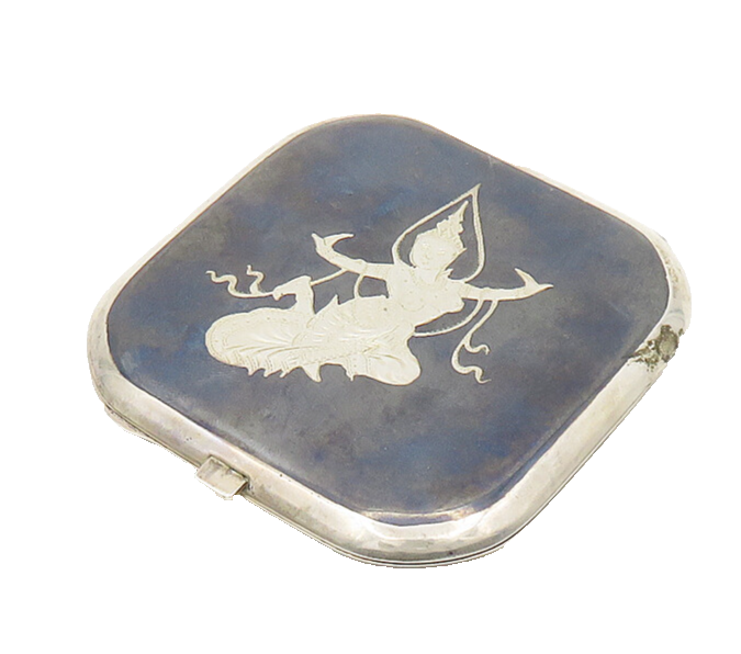 SIAM 925 Sterling Silver Vintage Niello Enamel Dancer Compact Mirror  TR2507