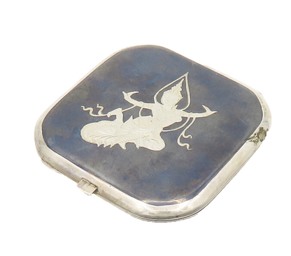 SIAM 925 Sterling Silver Vintage Niello Enamel Dancer Compact Mirror  TR2507