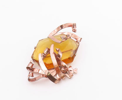 925 Silver  Vintage Rose Plated Wire Wrapped Orange Quartz Brooch Pin  BP9720