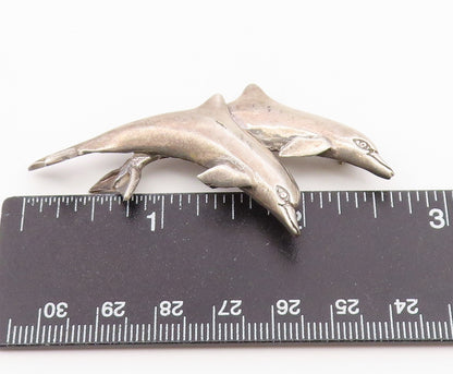 925 Sterling Silver  Vintage Two Leaping Dolphins Animal Brooch Pin  BP6511