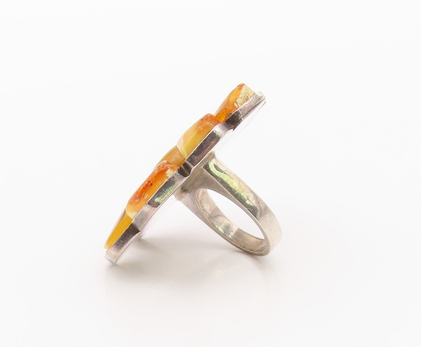 925 Sterling Silver Vintage Ring Modernist Amber Large Flower  Sz 7  RG36379