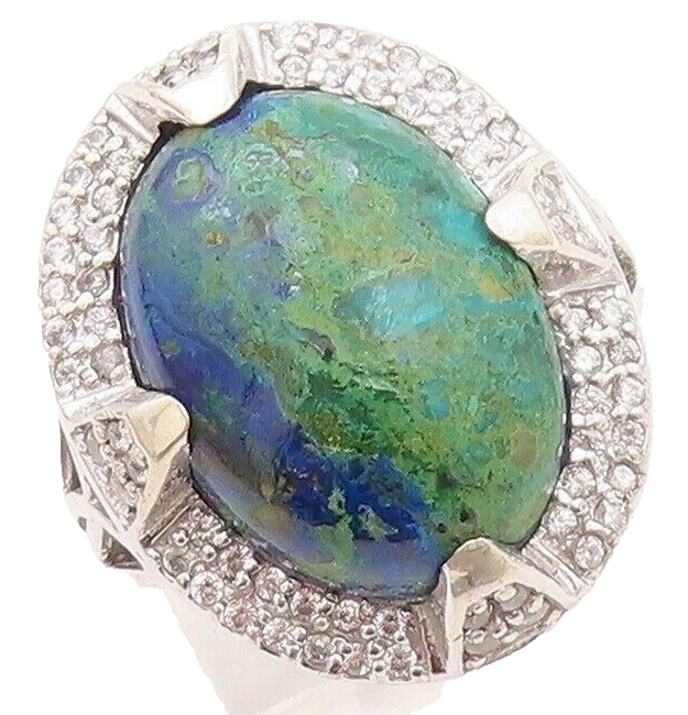 925 Sterling Silver Vintage Ring Oval Cabochon Azurite Halo Topaz  Sz 7  RG30130