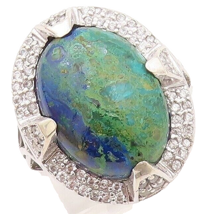 925 Sterling Silver Vintage Ring Oval Cabochon Azurite Halo Topaz  Sz 7  RG30130