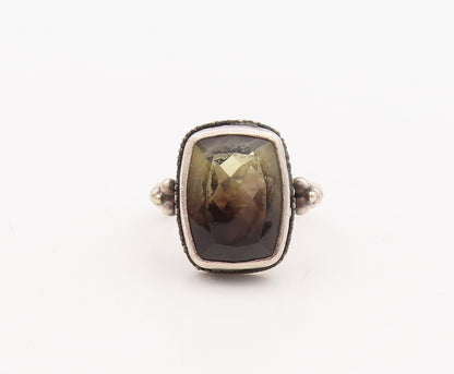 925 Sterling Silver Vintage Ring Beaded Rectangle Shaded Gemstone  Sz 8 RG28779