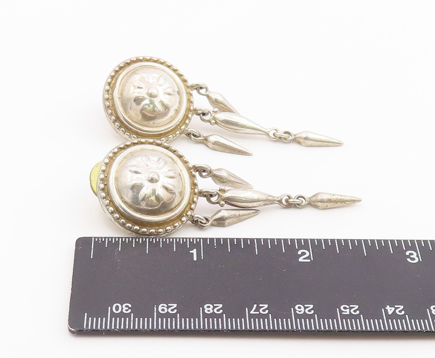 925 Sterling Silver Vintage Earrings Floral Motif Concho Dangle  EG14420
