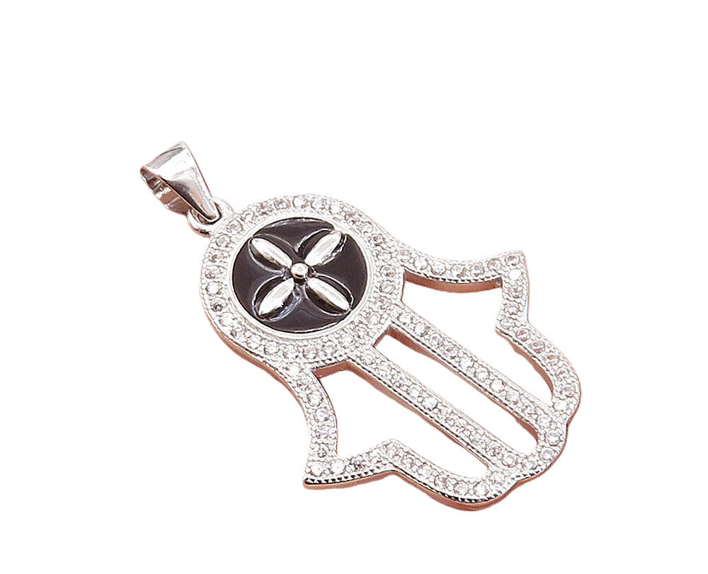925 Sterling Silver  Sparkling Cubic Zirconia & Enamel Hamsa Pendant  PT6103