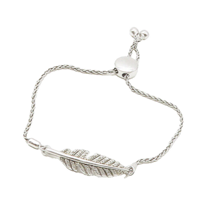 925 Sterling Silver  Genuine Diamonds Feather Motif Chain Bracelet  BT6745