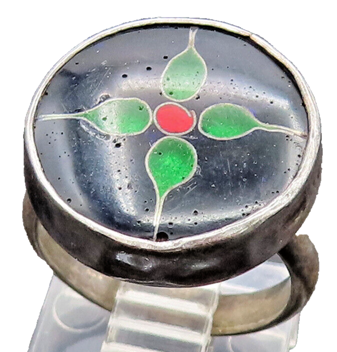 925 Sterling Silver  Vintage Floral Enamel Round Ring Sz 4.5  RG26267