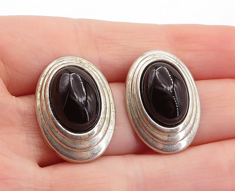 925 Sterling Silver Vintage Cabochon Cut Black Onyx Drop Earrings EG2855