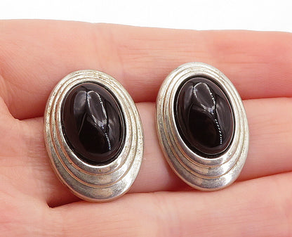 925 Sterling Silver Vintage Cabochon Cut Black Onyx Drop Earrings EG2855