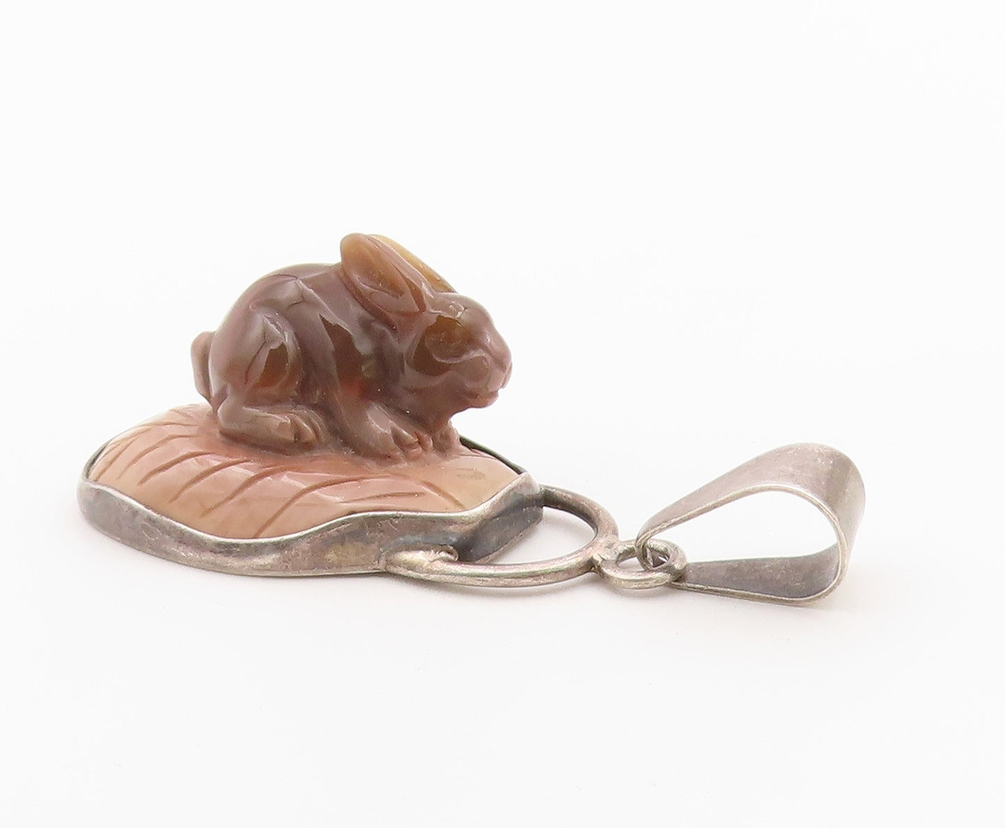 925 Sterling Silver Vintage Pendant OBSIDIAN Jasper Carved Rabbit  PT26371