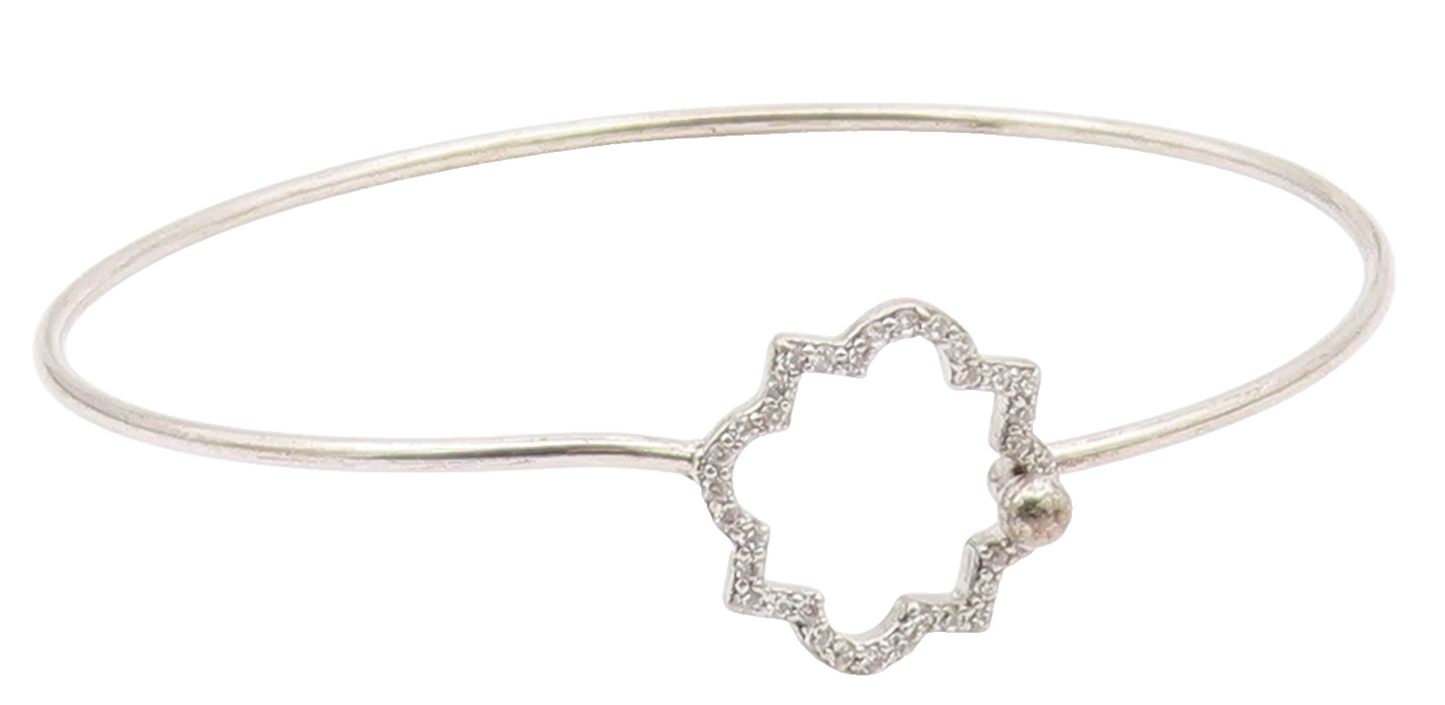 925 Sterling Silver  Shiny Topaz Open Flower Motif Bangle Bracelet  BT5254