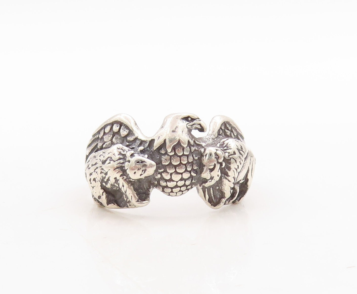 925 Sterling Silver Vintage Ring Dark Tone Designer Carved Eagle  Sz 10  RG31694
