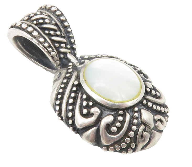 925 Sterling Silver  Vintage Mother Of Pearl Swirl Twist Dome Pendant  PT9458