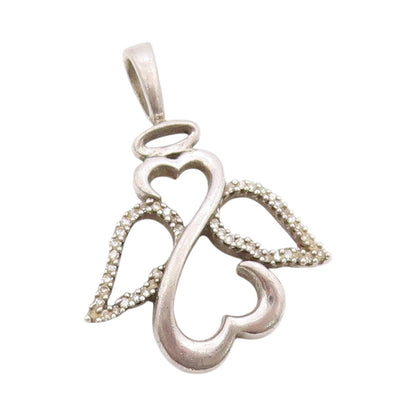 925 Sterling Silver Vintage Pendant Real Diamonds Angel Wing Love Heart  PT24861