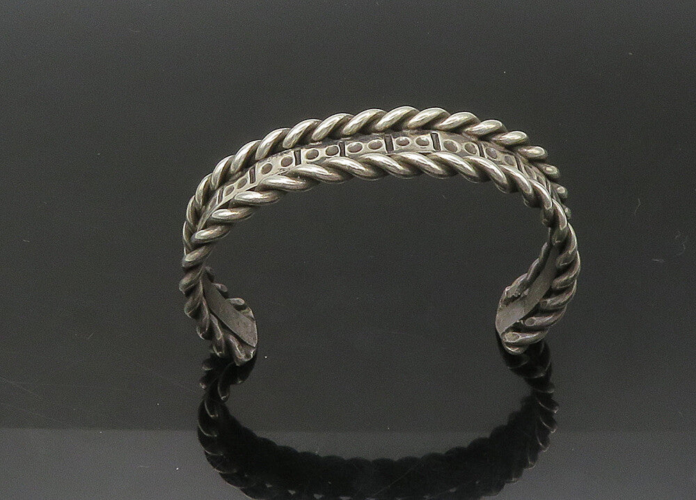 925 Sterling Silver  Vintage Shiny Oxidized Twist Trim Cuff Bracelet  BT8725