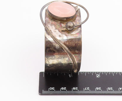 925 Sterling Silver Vintage Bracelet Cabochon Rose Quartz Wide Cuff  BT11975