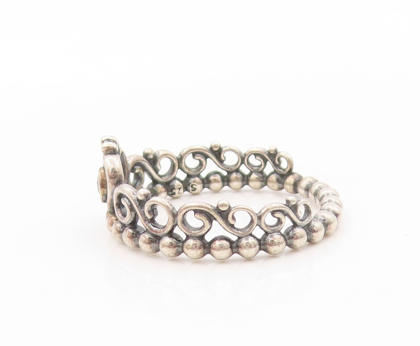 925 Sterling Silver Vintage Ring PANDORA CZ Heart Cutout Tieara  SZ 8.5  RG31968