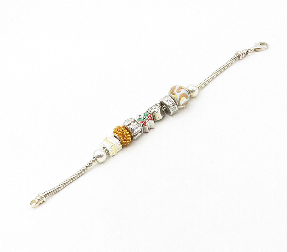 925 Silver  Cubic Zirconia & Citrine Beaded Charms Chain Bracelet  BT6581