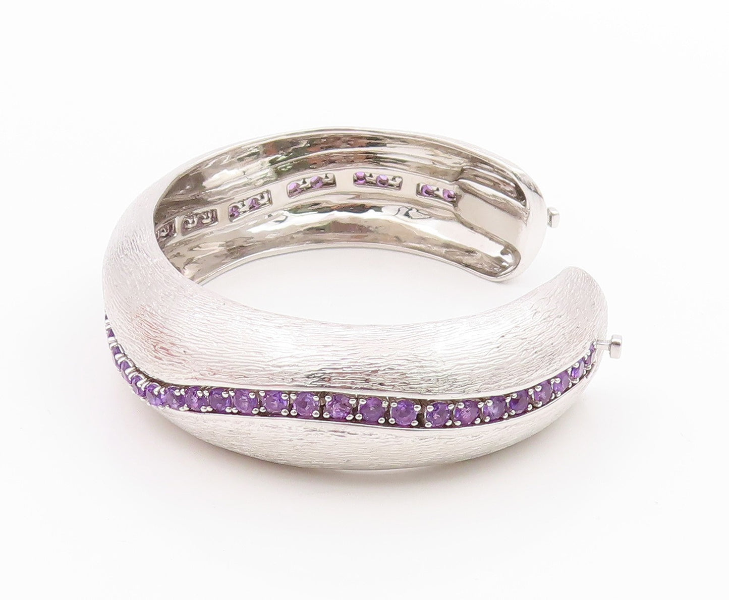 925 Sterling Silver Vintage Bracelet Modernist Amethyst Chain Inlay Cuff BT11351