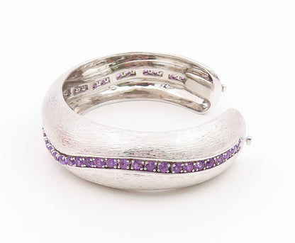 925 Sterling Silver Vintage Bracelet Modernist Amethyst Chain Inlay Cuff BT11351