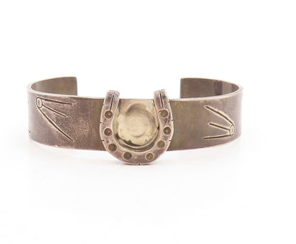 925 Sterling Silver Vintage Bracelet Dark Tone Horse Shoe Good Luck Cuff BT10976