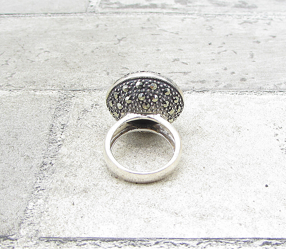 925 Silver  Sapphire Cubic Zirconia & Marcasite Round Shield Ring Sz 6  RG1582