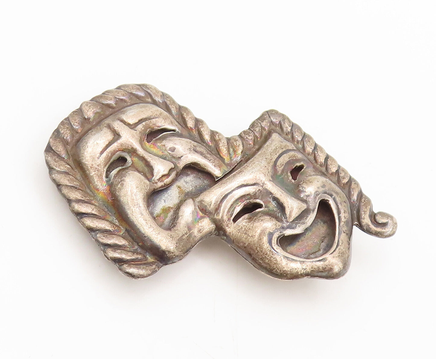 TAXCO 925  Silver  Vintage Carved Happy & Sad Mime Face Brooch Pin  BP10500