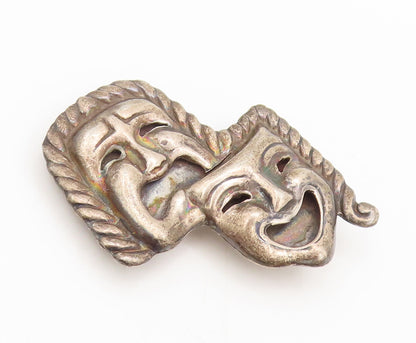 TAXCO 925  Silver  Vintage Carved Happy & Sad Mime Face Brooch Pin  BP10500