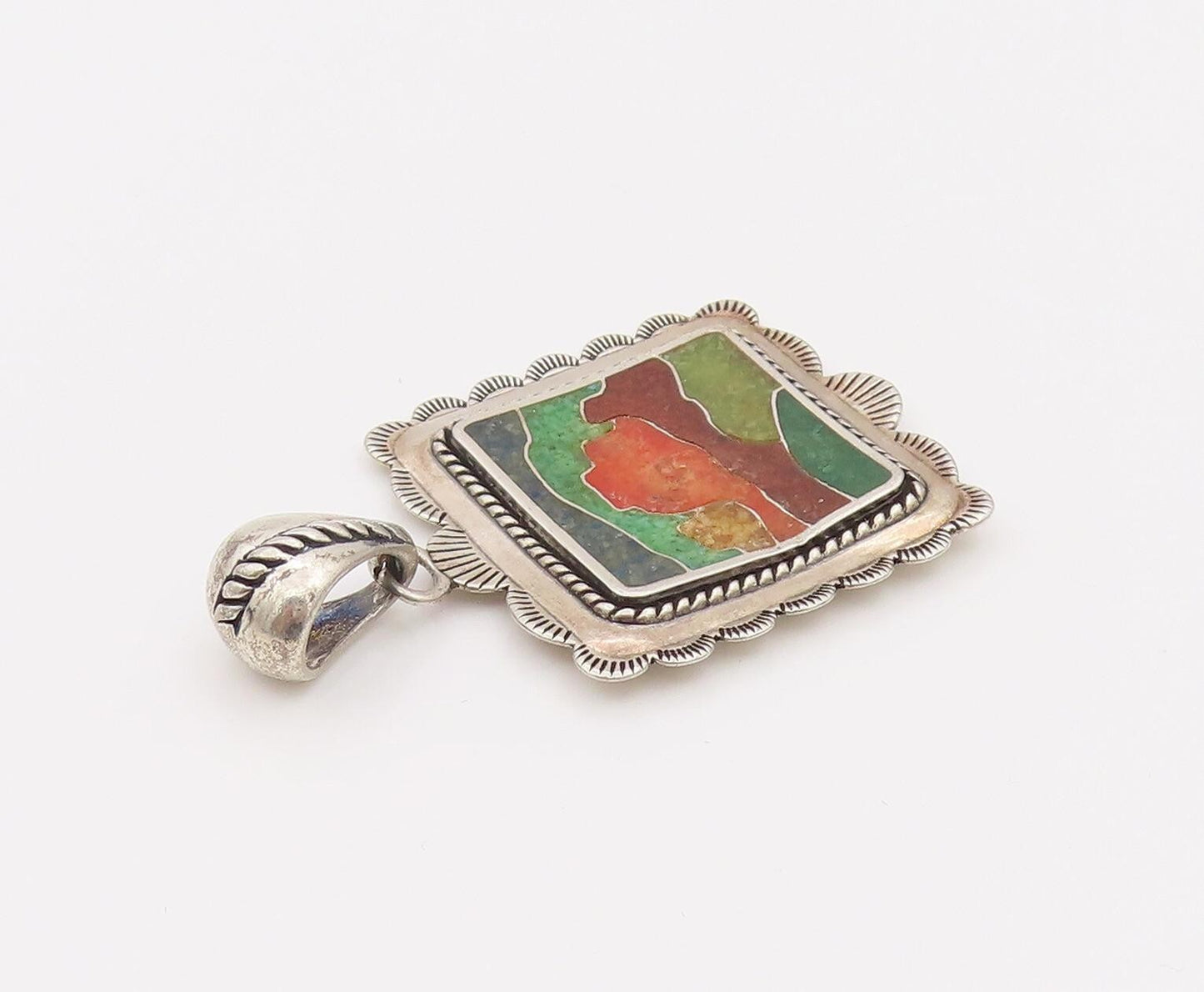 CAROLYN POLLACK 925 Silver  Vintage Inlay Landscape Square Pendant  PT22174