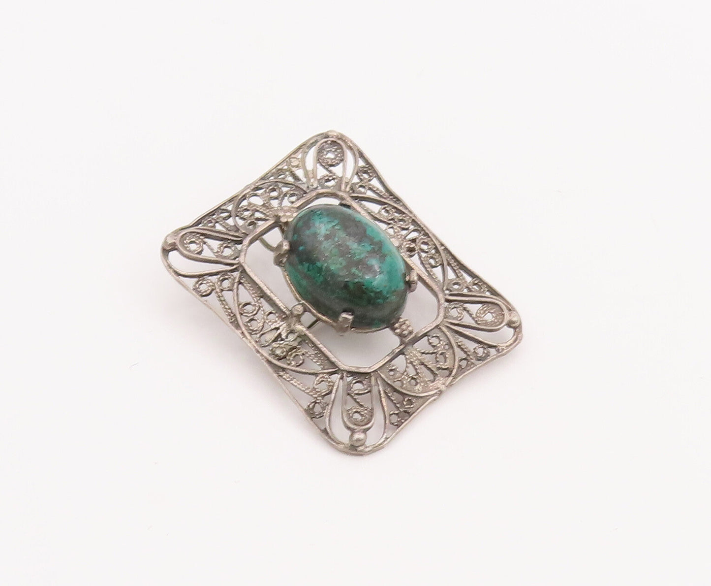 925 Sterling Silver Vintage Brooch Pin Green Moss Agate Swirly Cutout  BP11006