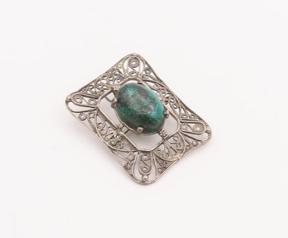 925 Sterling Silver Vintage Brooch Pin Green Moss Agate Swirly Cutout  BP11006
