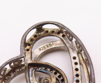 925 Sterling Silver  Vintage Genuine Diamonds Open Love Heart Pendant  PT19407