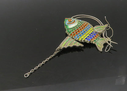 925 Sterling Silver  Vintage Hollow Enamel Fish Pendant (MOVES)  PT17733