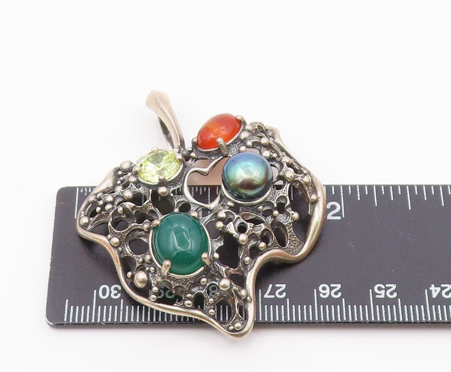 925 Sterling Silver  Vintage Pearl Carnelian Agate & Peridot Pendant  PT7828
