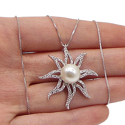 925 Silver  Freshwater Pearl & Cubic Zirconia Floral Pendant & Chain  PT2465