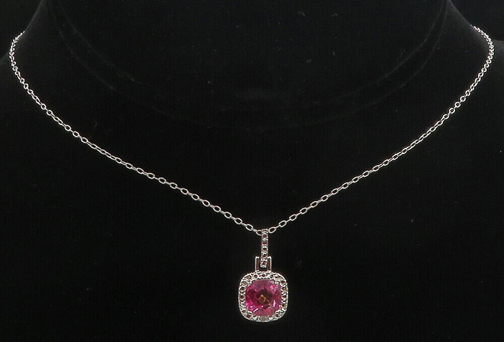 925 Sterling Silver  Genuine Diamond & Pink Topaz Shiny Chain Necklace  NE2066