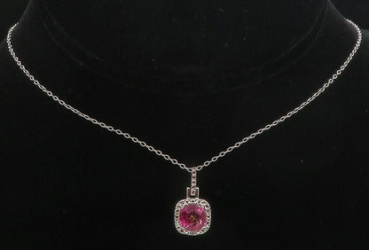 925 Sterling Silver  Genuine Diamond & Pink Topaz Shiny Chain Necklace  NE2066