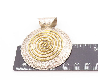 925 Sterling Silver Vintage Pendant Two Tone Hammered Modernist Spiral  PT25097